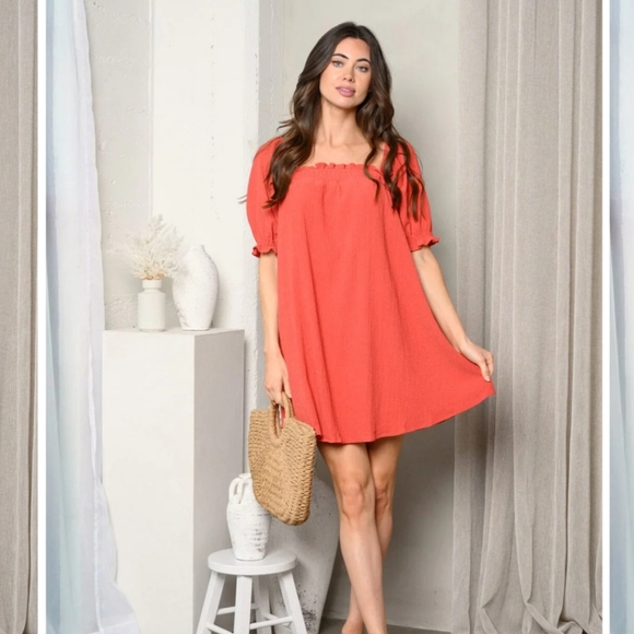 # 94 Short Puff Sleeve Square Neck Tunic Dress - Picture 2 of 3